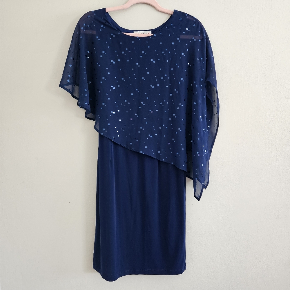 AA Studio AA Elegant Navy Blue Starry Dress Asymmetrical Drape Sheer Shiny Sz 6